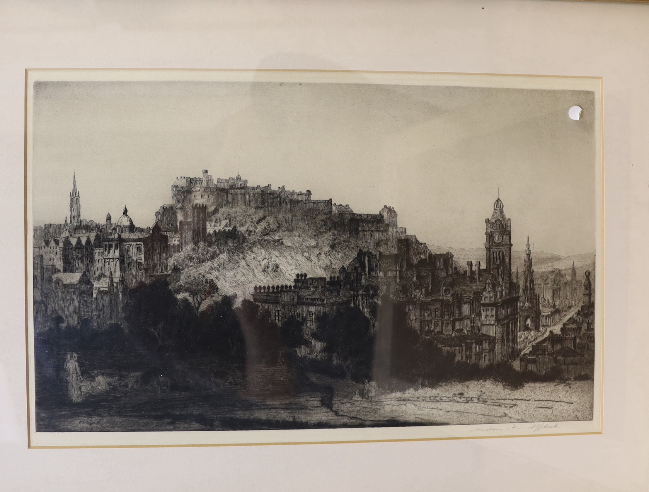 A group of assorted pictures and prints including a lithograph after Sickert and three etchings by Andrew Affleck including a View of Edinburgh